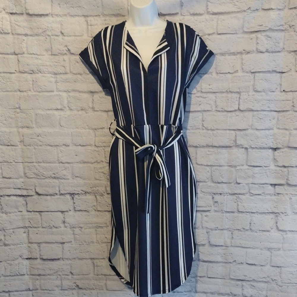 Ecowish Blue and White High Low Shirt Dress with Notched Collar M